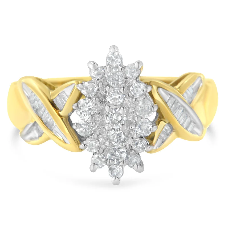 women diamond engagement rings -10K Yellow Gold Round And Baguette-Cut Diamond Ring