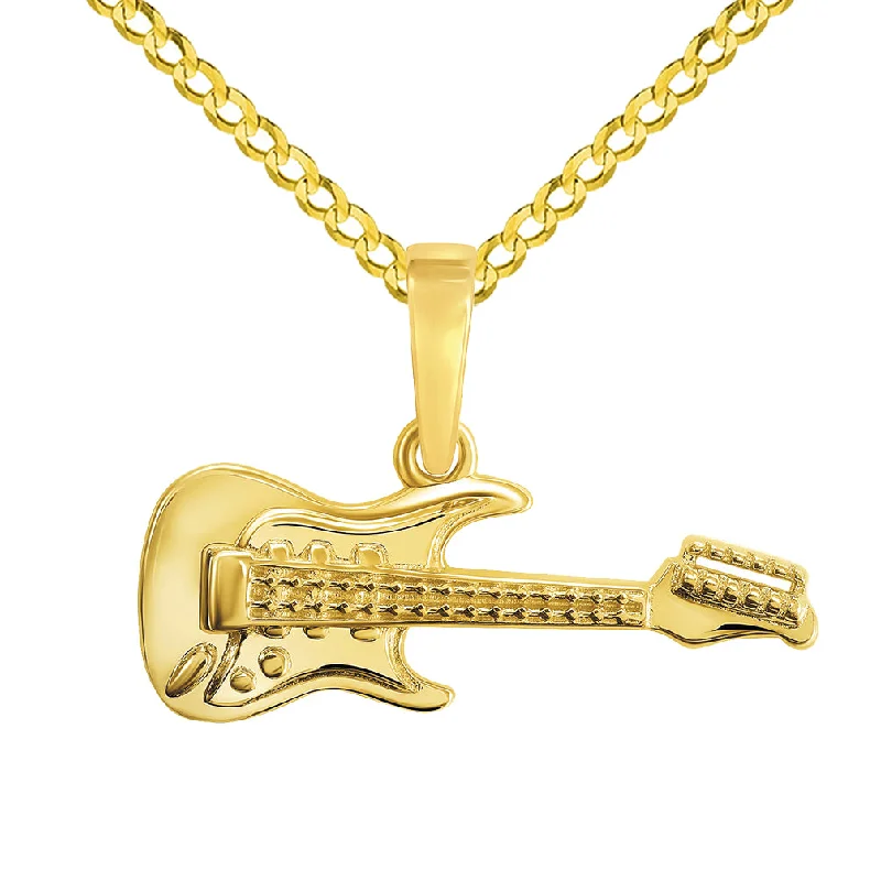 women long necklaces -14k Yellow Gold Electrical Guitar Charm Musical Instrument Pendant with Cuban Curb Chain Necklace