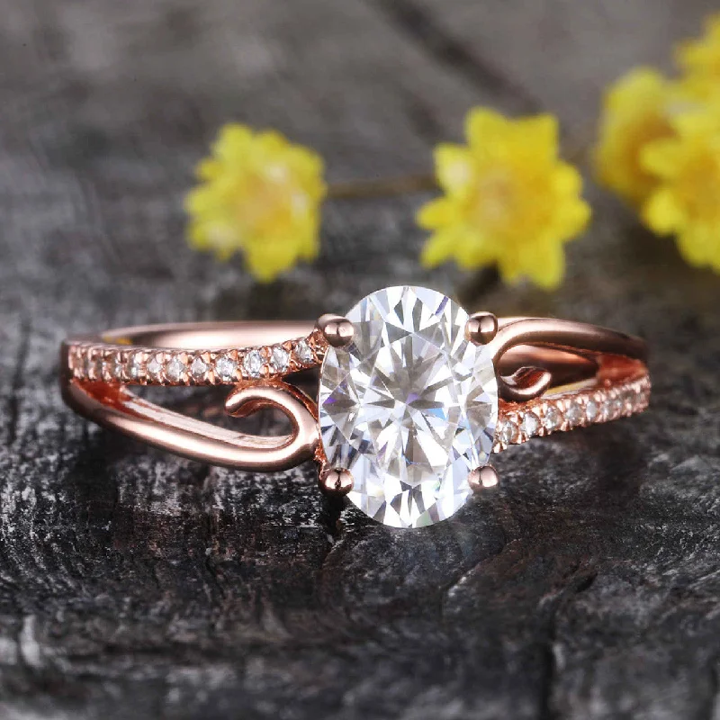 women diamond band engagement rings -Brilliant moissanite engagement ring 14K rose gold diamond wedding band promise ring anniversary ring