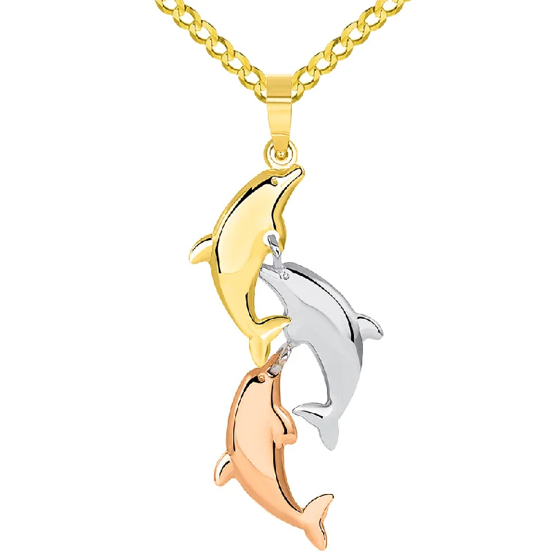 women chain necklaces -14k Tri Color Gold 3D Three Dangling Dolphins Jumping Vertical Pendant Curb Chain Necklace