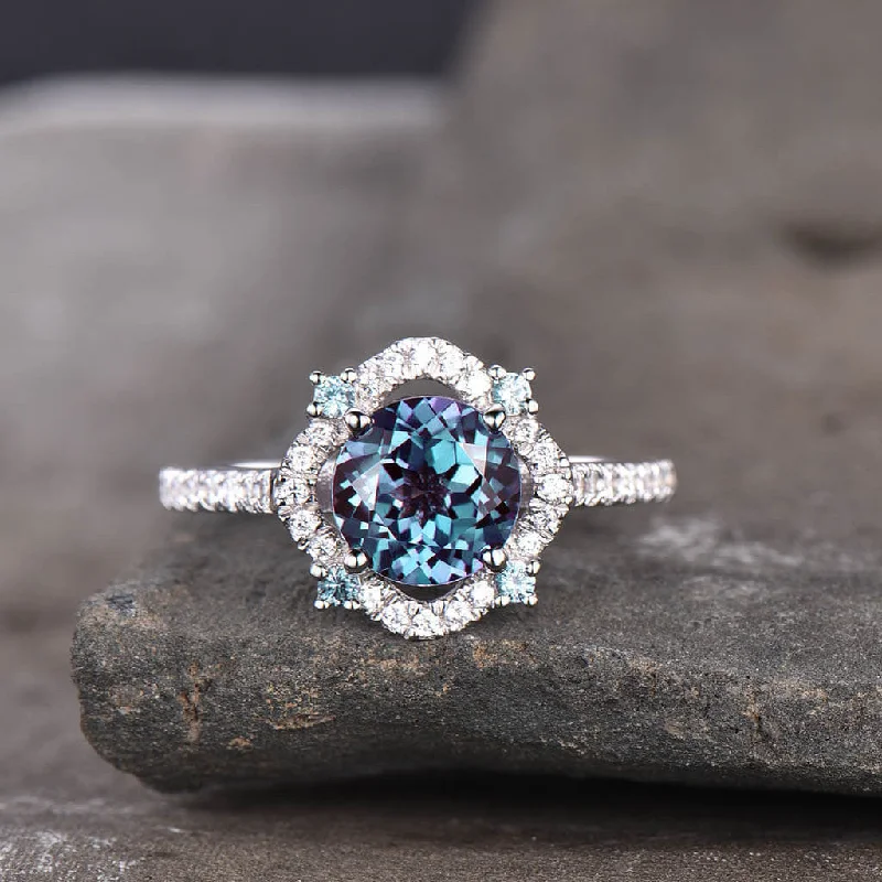 women cushion cut diamond engagement rings -Unique Cordelia Alexandrite And Diamond Engagement Ring Milgrain ring