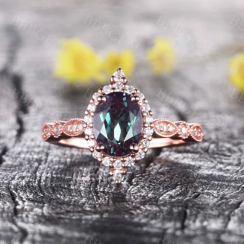 women vintage-inspired engagement rings -Alexandrite Ring Rose Gold Engagement Ring Vintage Diamond Wedding Ring Halo Promise Jewelry