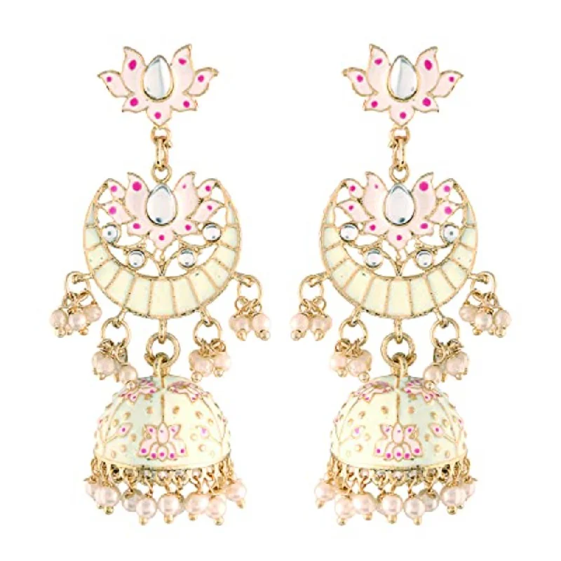 women bold earrings -Etnico 18K Gold Plated Traditional Floral Kundan Studded Cream Meenakari Jhumka Earrings For Women (E2912Cr)