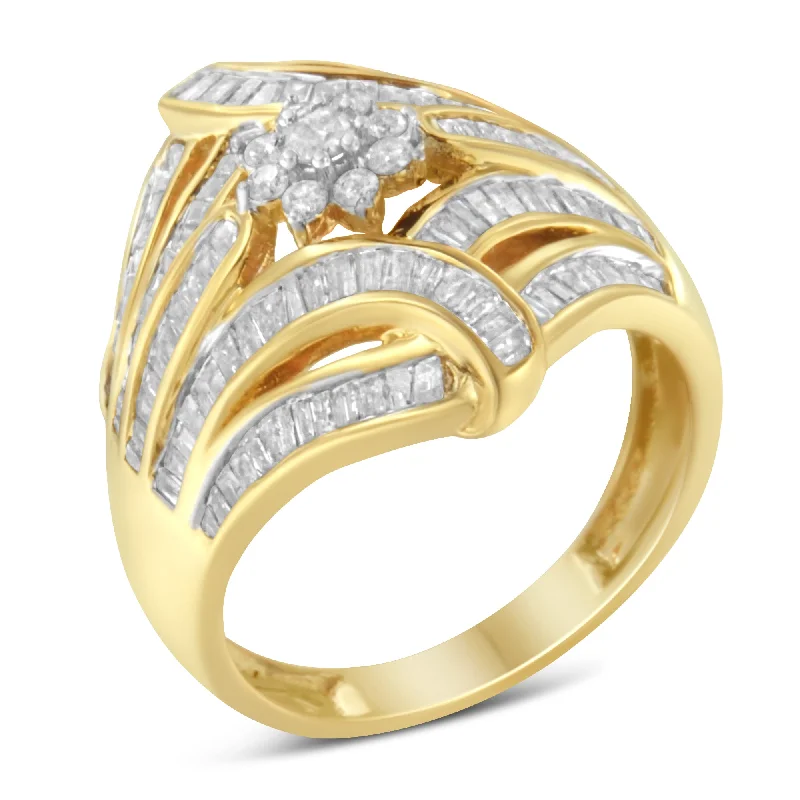 women unique cut engagement rings -10K Yellow Gold Flashed .925 Sterling Silver 1-1/8 Cttw Round & Baguette Diamond 'Flower & Fern' Cluster Cocktail Fashion Ring