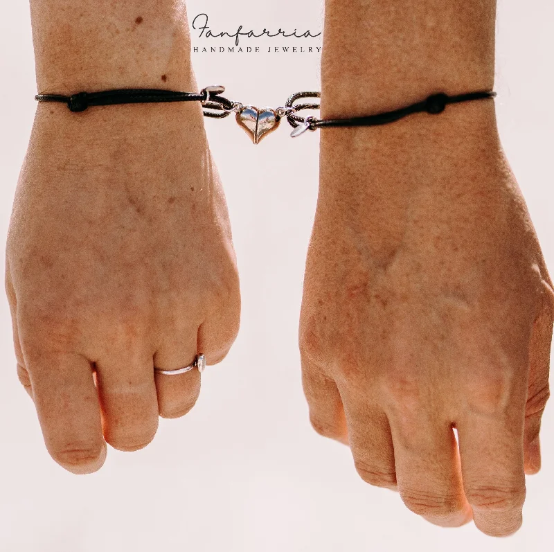 women double chain bracelets -Magnetic Heart Initials Black Couple Bracelets, Waterproof