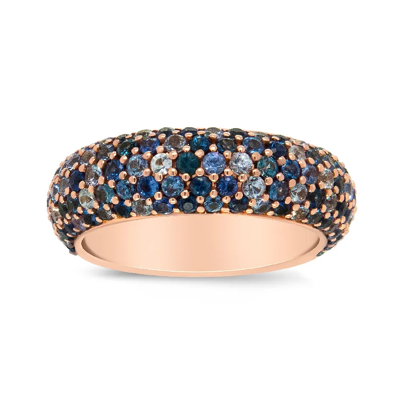 women vintage gold engagement rings -18K Rose Gold Multi Row Blue Sapphire Domed Top Band Ring