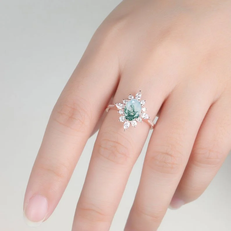 women classic engagement rings -Moss Agate Diamond Halo Engagement Ring Vintage