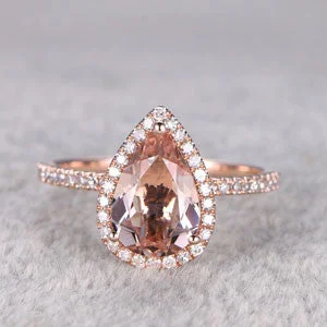 women gold engagement rings -2 Carat Pear Shaped Morganite Engagement Ring Diamond Promise Ring 14k Rose Gold Halo Teardrop Design