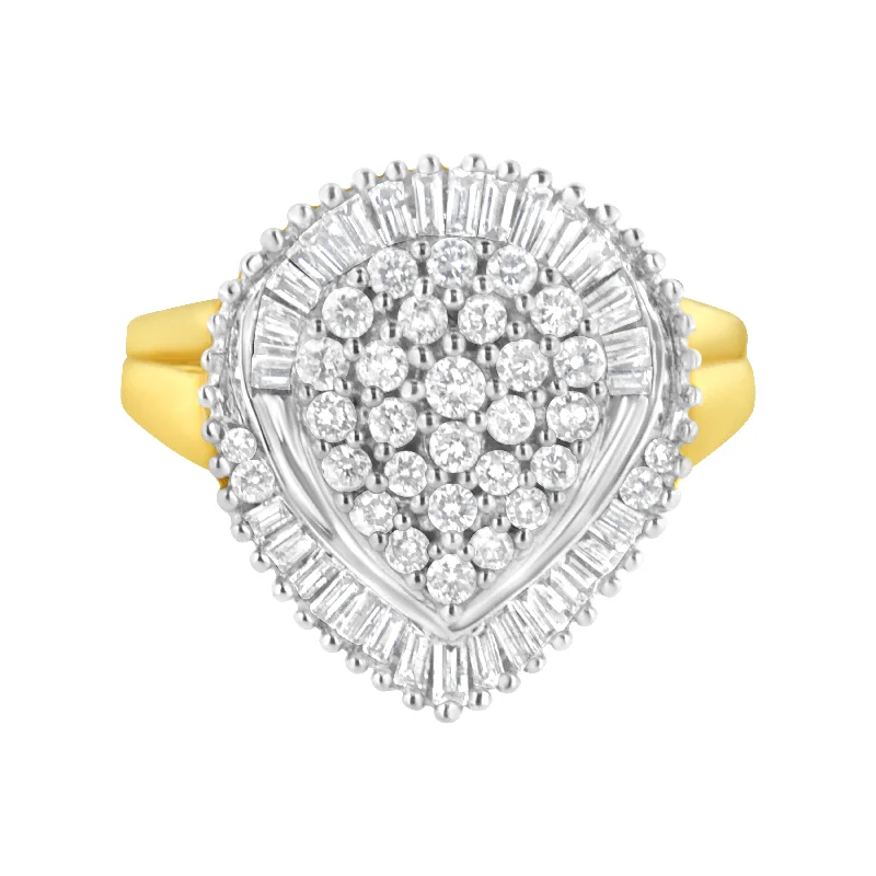 women diamond band engagement rings -10K Yellow Gold 1.0 Cttw Round and Baguette Cut Diamond Oval Shaped Cluster Ring