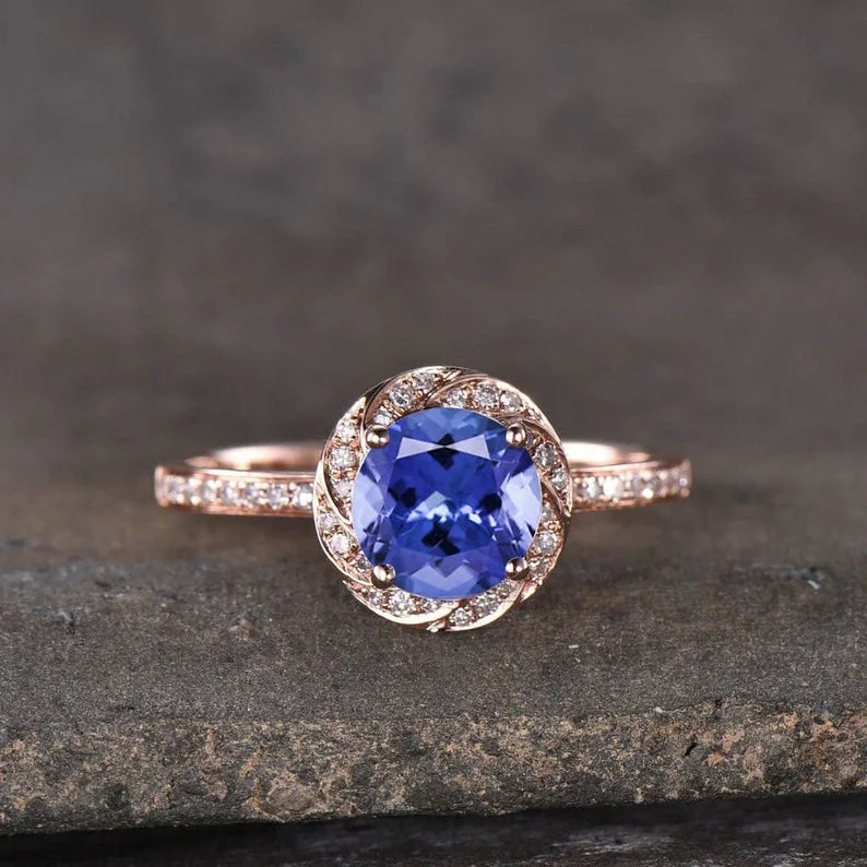 women trendy engagement rings -Blue Sapphire Diamond Halo Women Engagement Ring Art Deco